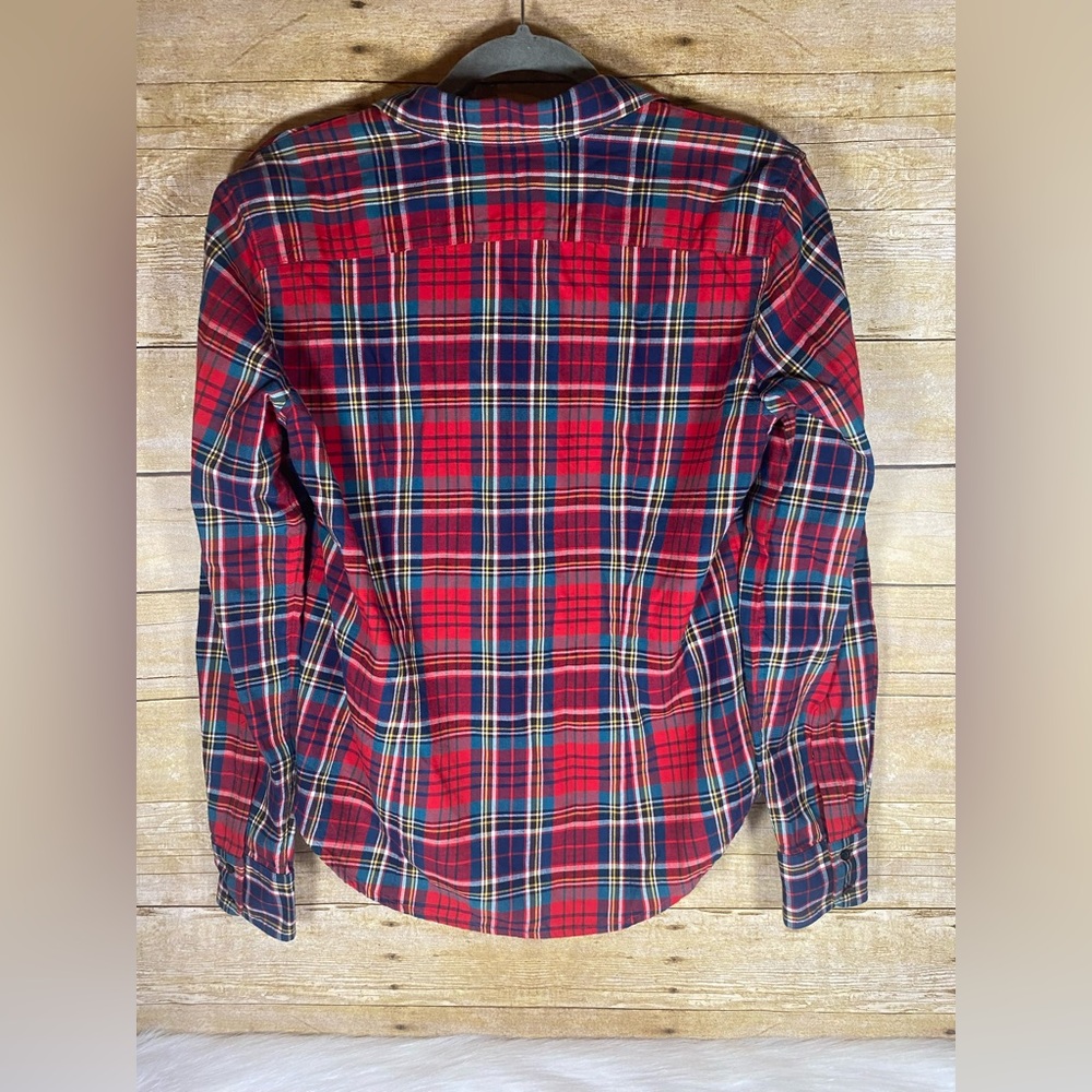 Lauren Ralph Lauren Red Blue Plaid Ruffle Front Shirt 100% Cotton LRL sz M - Picture 2 of 11